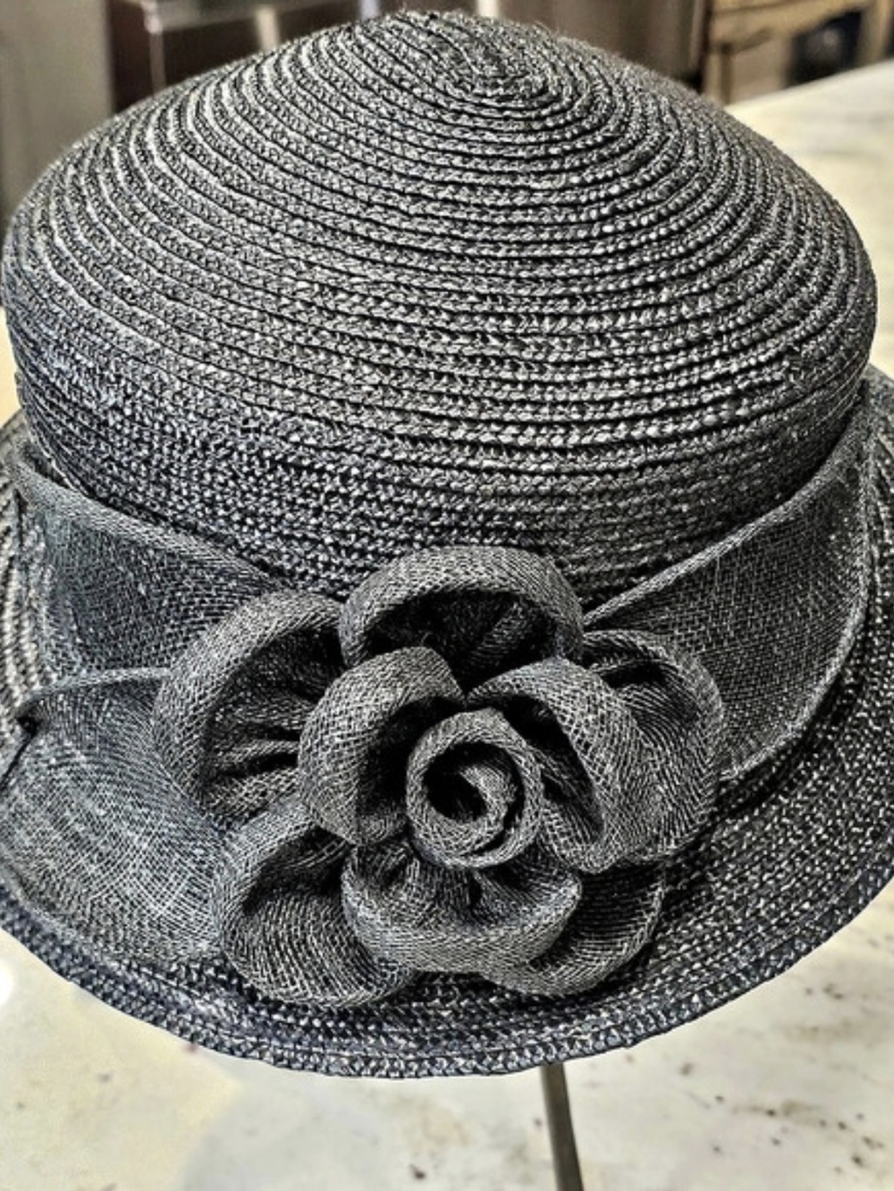 Betmar New York Black Straw Cloche Hat Large Flower Church Derby Dress Hat